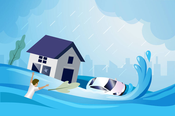 Tulva-aalto sateelta myrsky taifuuni vie pois talon, auton ja tulvan uhri kaupungissa. Luonnonkatastrofi, tsunami ja ilmastonmuutoksen ja ilmaston lämpenemisen aiheuttama katastrofi. - Vektori, kuva