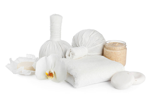 Beautiful spa composition with different body care products isolated on white - Photo, image