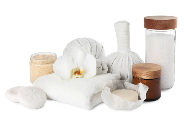 Beautiful spa composition with different body care products isolated on white - Фото, изображение