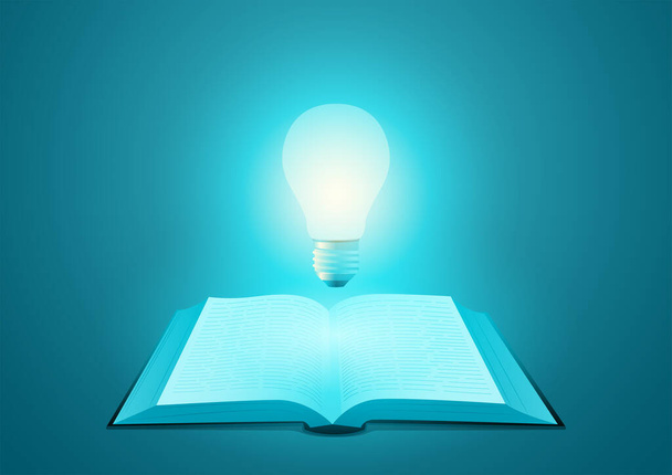 Libro aperto con lampadina sopra, conoscenza, idea, concetto intelligente, illustrazione vettoriale - Vettoriali, immagini
