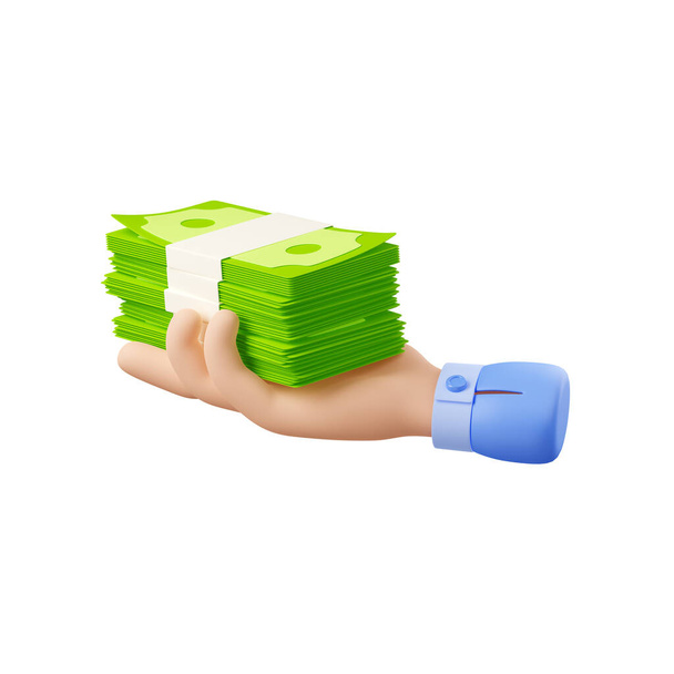 3d render hand holding money, businessman palm with stack of dollar banknotes. Business, economics, finance wealth, loan, donation, investment concept, isolated Illustration in cartoon plastic style - Фото, изображение