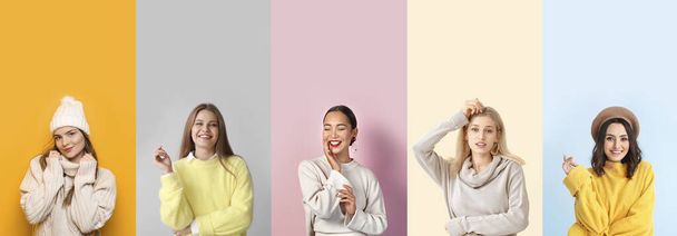 Collage de belles jeunes femmes en pull chaud sur fond de couleur - Photo, image