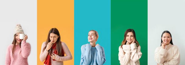 Set schöner junger Frauen in Strickpullovern auf farbigem Hintergrund - Foto, Bild