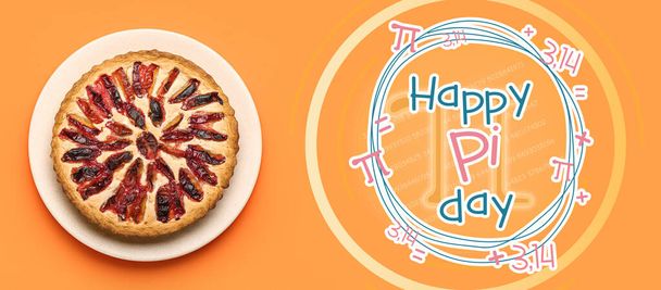 Banner for International Pi Day with plum pie on orange background - Фото, зображення