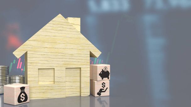casa in legno e simbolo aziendale sul cubo per proprietà o proprietà concetto di rendering 3d - Foto, immagini