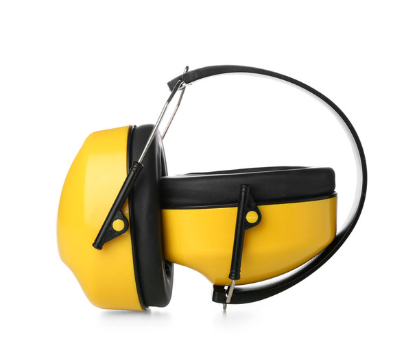 Yellow hearing protectors on white background - Photo, Image