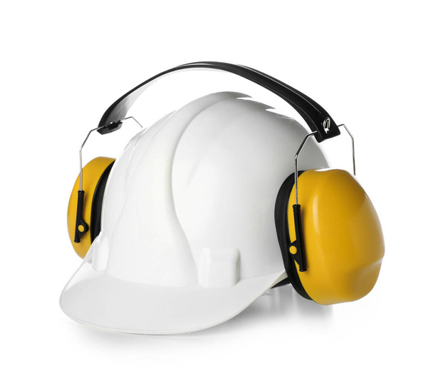 Hearing protectors with hardhat on white background - Photo, Image
