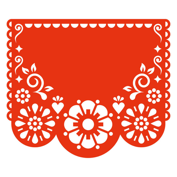 Papel Picado vector template design with flowers and blank space for text, Mexican cutout paper garland decoration in red on white background   - Vector, Image