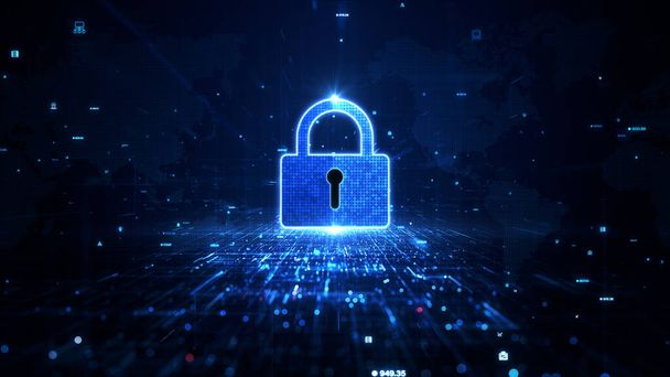 Blue Padlock Icon Cyber Security of Digital Data Network Protection, Fundo de conectividade de rede de dados Blockchain de tecnologia segura e informações seguras para privacidade. Renderização 3D - Foto, Imagem