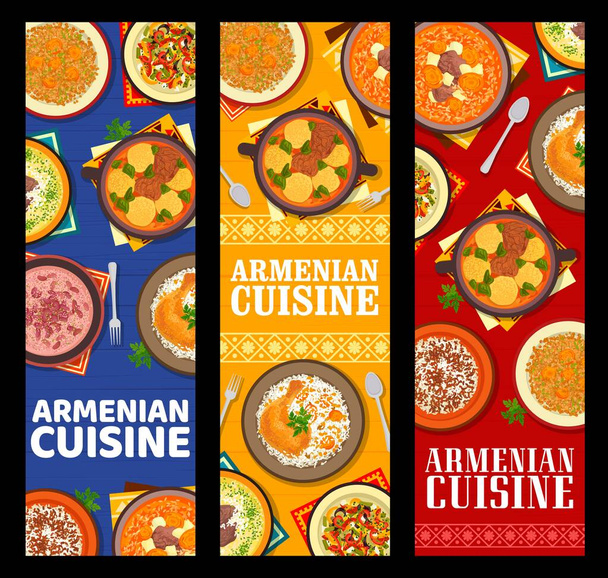 Armenian cuisine food banners. Lamb yogurt soup, lentil salad with dried apricots and vermicelli rice Pilaf, chicken stuffed with rice, vegetable salad and red bean, beef Yajni and lamb Bozbash soups - Vector, Image