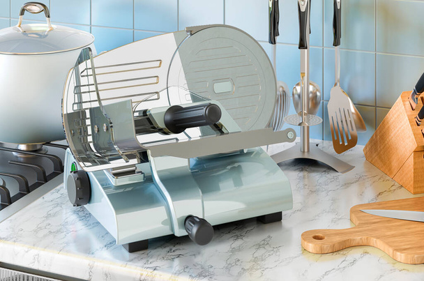 Slicing machine on the kitchen table. 3D rendering - Foto, immagini