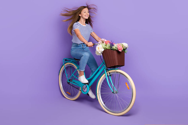 Full length photo of positive cheerful girl wear striped t-shirt jeans riding bicycle wind blow hair isolated on purple color background. - Zdjęcie, obraz