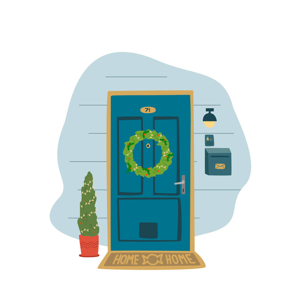 X-Mas dekorierte Haustür. Weihnachtsbaum vor der Haustür mit Kranz und Deko zum Feiern. Postkarte, Einladung oder Poser für Neujahr und Frohe Weihnachten - Vektor, Bild