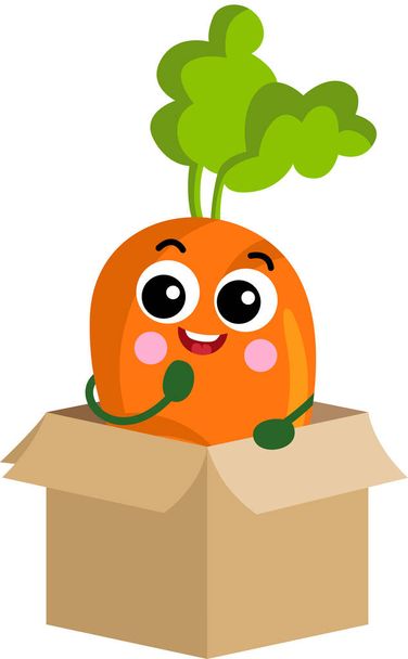 Смішний морквяний талісман у картонній коробці
 - Вектор, зображення