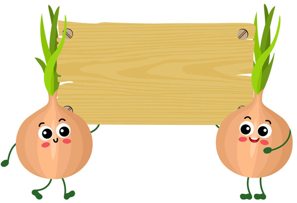 Two funny onions mascot holding a empty wooden signboard - Vector, Image