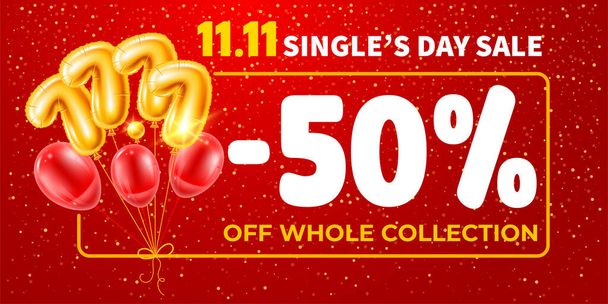 Διαφημιστικό banner για Πώληση στην κινεζική διακοπές 11 Νοέμβριος, Singles Day. Οι αριθμοί 11.11 και τα γράμματα Πώληση γίνονται από χρυσά μπαλόνια φύλλο. Διακοσμημένο με κόκκινα μπαλόνια. Εικονογράφηση διανύσματος - Διάνυσμα, εικόνα