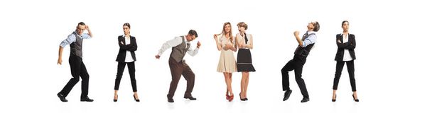 Collage. People in official and retro clothes having fun together, dancing isolated over white studio background. Concept of hobby, leisure time, friendship, meeting, relationship - Foto, imagen