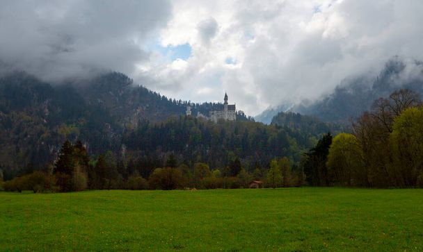 zomer landschap - uitzicht op de beroemde toeristische attractie in de Beierse Alpen - het 19e eeuw Neuschwanstein. - Foto, afbeelding