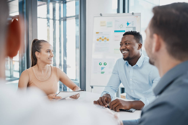 Financial, meeting and business people in office, teamwork, collaboration and accounting documents. Finance, chart and team discussing growth, development and savings strategy for innovation proposal. - Photo, Image