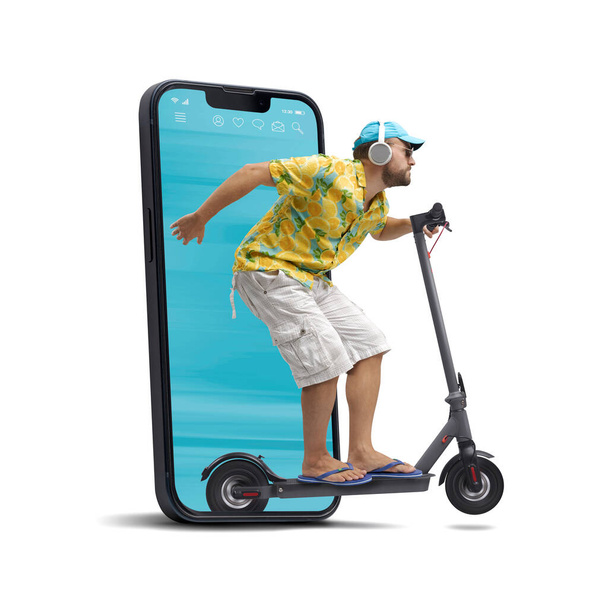 Cool man riding a fast electric scooter and coming out from a smartphone screen, isolated on white background - Foto, Bild