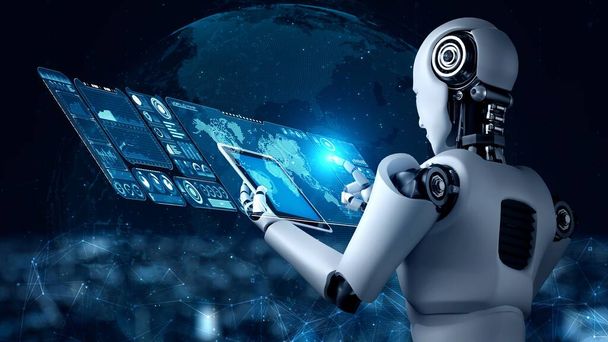 Robot humanoid táblagépet használ nagy adatelemző MI gondolkodás agy, mesterséges intelligencia és gépi tanulás folyamat a negyedik ipari forradalom. 3D renderelés. - Fotó, kép