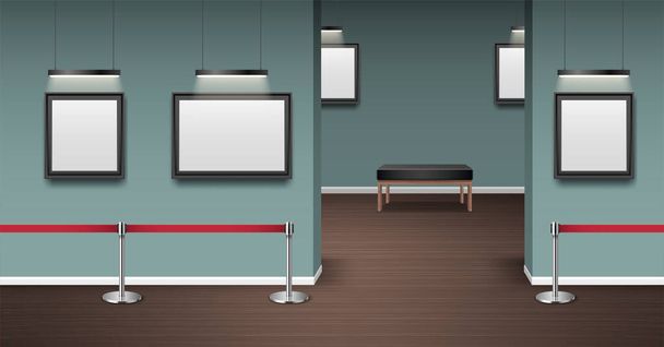 Gallery realistic mockup with blank picture frames and visitors couch vector illustration - Vector, Image