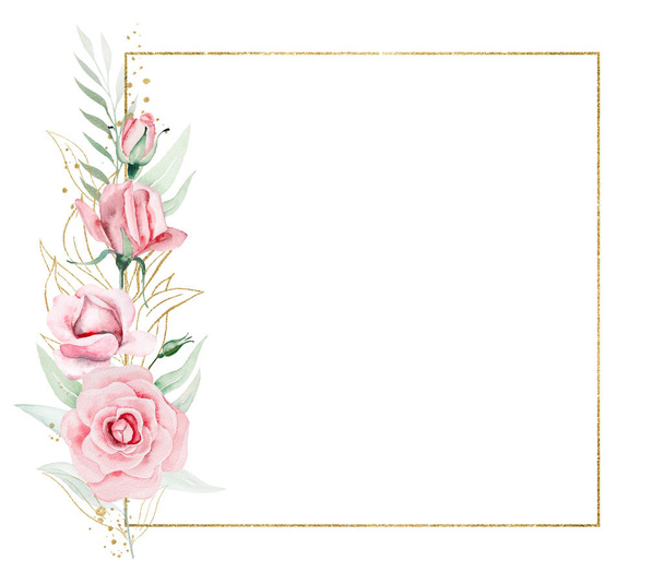 Frame frame made of light pink watercolor flowers and green and golden leaves illustration isolated. Floral element for romantic wedding or valentines stationery and greetings cards - Foto, Imagem