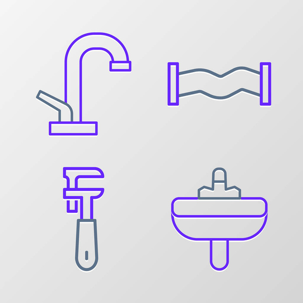 Linea di set Chiave per lavabo Tubo regolabile Industria tubo metallico e icona rubinetto dell'acqua. Vettore. - Vettoriali, immagini