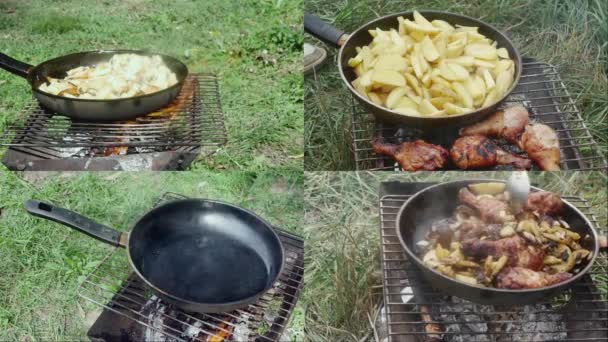 鶏のドラムスティックと揚げジャガイモの調理プロセスのコラージュ,自然の中で焼き,強火で.. - 映像、動画