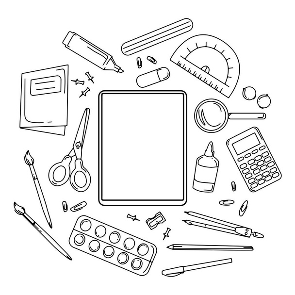 School stationery items on sheet with a blank sheet in the middle,Doodle line drawing vector illustration.Template for advertising brochure.School items for study and creativity set,black liner sketch - Vetor, Imagem
