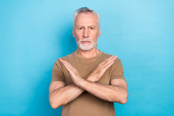 Portrait of confident virile senior man calm face two arm crossed refuse unhealthy life food fastfood isolated on blue color background. - Fotó, kép