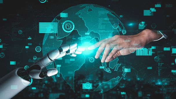 Robot futurista inteligencia artificial que ilumina el desarrollo de tecnología de IA y el concepto de aprendizaje automático. Investigación científica biónica robótica global para el futuro de la vida humana. Gráfico de representación 3D. - Foto, imagen