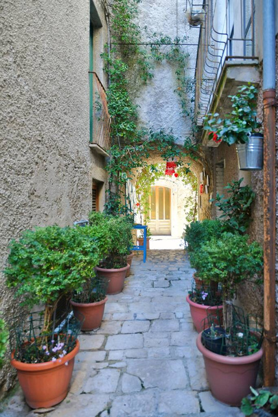 A narrow street between the old stone houses of Oratino, a medieval village in the Molise region of Italy. - Photo, Image