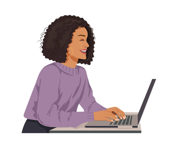 紫のブラウスを着た多色の女の子がノートパソコンに座って働いています。顔のないスタイル。白を基調としたベクトルイラスト. - ベクター画像