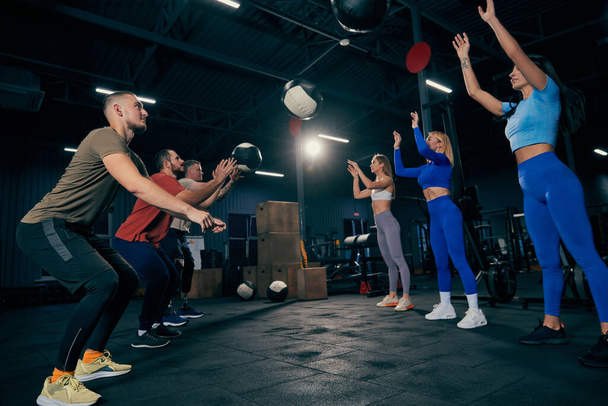 Young sportive men and women in sports uniform workout at sport gym, indoors. Sport, active lifestyle, health, youth concept. Concept of health, sportive lifestyle, fitness, beauty, body care, diet - 写真・画像
