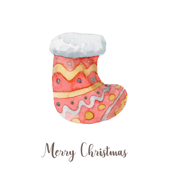 Watercolor Christmas sock. Hand painted New Year decor isolated on white - Foto, Imagem