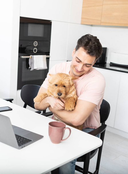 Szczęśliwy przystojny mężczyzna przytula swojego psa Norwich Terrier i pracuje na laptopie w domu - Zdjęcie, obraz