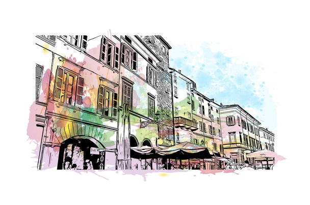 Vytisknout Pohled na budovu s orientačním bodem Parmy je město v Itálii. Akvarelové stříknutí s ručně kresleným náčrtem ilustrace ve vektoru. - Vektor, obrázek