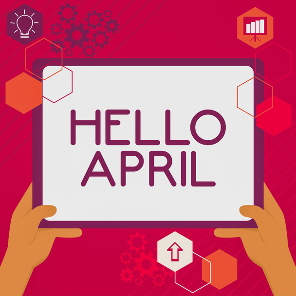 Schreiben von Text Hallo April, Business präsentieren einen Gruß Ausdruck bei der Begrüßung des Monats April verwendet - Foto, Bild