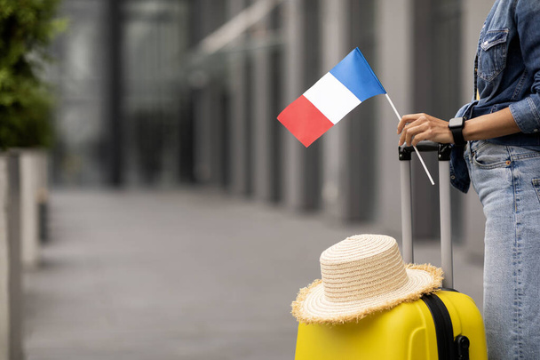 Neznámá žena se slamákem na žlutém kufříku s vlajkou Francie, na dovolené, panorama s kopírovacím prostorem. Cestování, cestovní ruch, dovolená, dovolená, vzdělávání v zahraničí - Fotografie, Obrázek