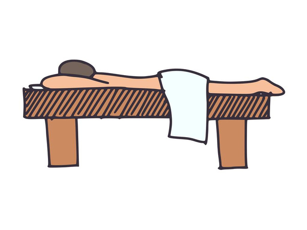 Простой рисунок мужчины, лежащего на массажном столе. вектор изображения doodle - Вектор,изображение