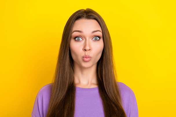 Closeup photo of gorgeous lovely girlfriend lady wear trendy violet pullover pouted lips kissing you feelings valentine isolated on yellow color background. - Foto, immagini