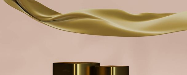 Подіум і золота тканина літаюча хвиля. Розкішний фон для брендингу та презентації продуктів. 3d ілюстрація рендеринга
. - Фото, зображення