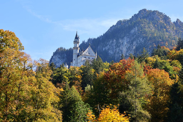 Neuschwanstein Şatosu, Almanya 'nın güneyinde Alplerin eteklerinde engebeli bir tepenin üzerinde 19. yüzyıldan kalma tarihçi bir saraydır. - Fotoğraf, Görsel