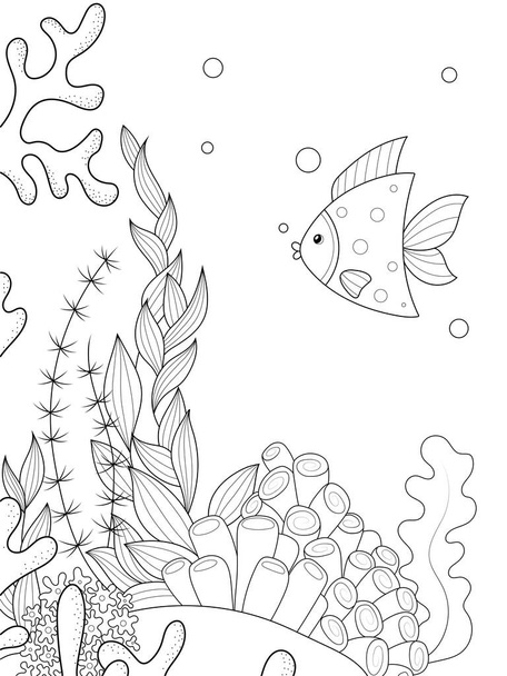 Морське дно з водоростями і рибою. Антистресова розмальовка, білий фон і чорні лінії. Растрова ілюстрація
. - Фото, зображення