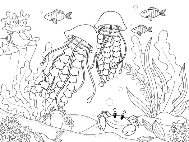 Dno morskie, zwierzęta morskie. Meduza pływa wśród glonów i innych ryb. Kolorowanka, wektor dzieci ilustracja. - Wektor, obraz
