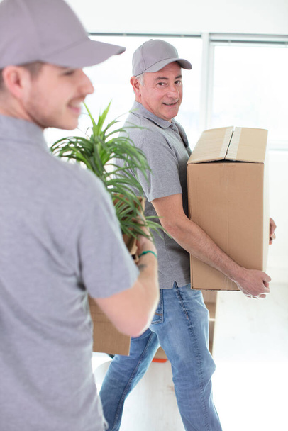 two cheerful removals men carrying belongings - 写真・画像