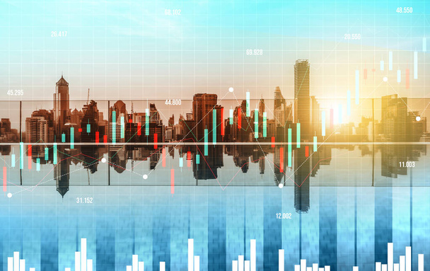 Stock market business concept. Financial graphs and digital indicators with modernistic urban area and skyscrapers as background. Double Exposure. - Foto, Imagen