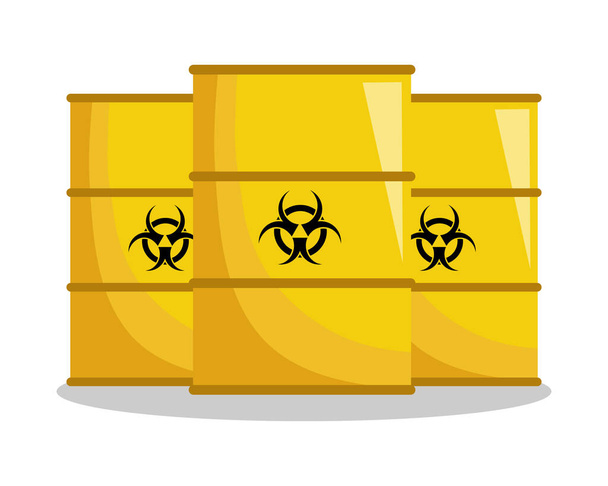 Barris amarelos com resíduos tóxicos e radioactivos. Resíduos perigosos. Conceito ecológico. Ilustração, vetor - Vetor, Imagem