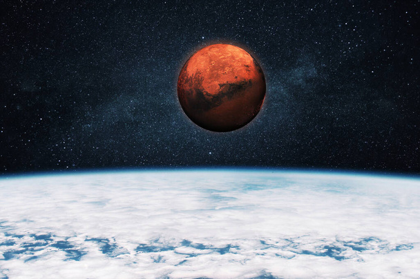 Belle planète bleue Terre avec des nuages dans l'espace stellaire avec l'étonnante planète rouge Mars. Espace Fond d'écran. Voyage vers Mars, concept - Photo, image
